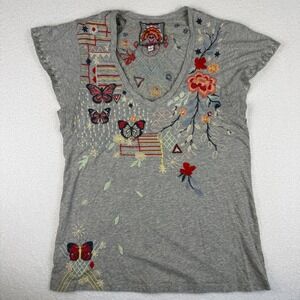 Johnny Was Embroidered V-Neck Tshirt Women Medium Gray Boho Floral Butterfly Top